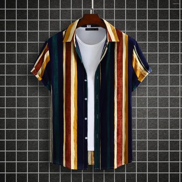 Camisas informales para Hombre, camisa holgada con botones de bloque de Color Cardiagn, Camisas con cuello de solapa Multicolor, trajes de Blusas de manga corta para Hombre