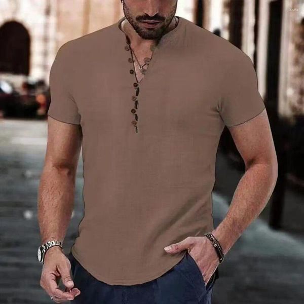 Camisas casuales para hombres Ajuste suelto Hombres Top Camisa de cuello medio abierto Colección de lino de algodón Tops de verano transpirables para diario