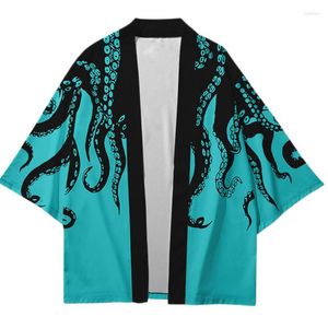 Chemises décontractées pour hommes Kimono japonais ample manches trois points veste d'été col montant Animal tentacule imprimé grande taille haut
