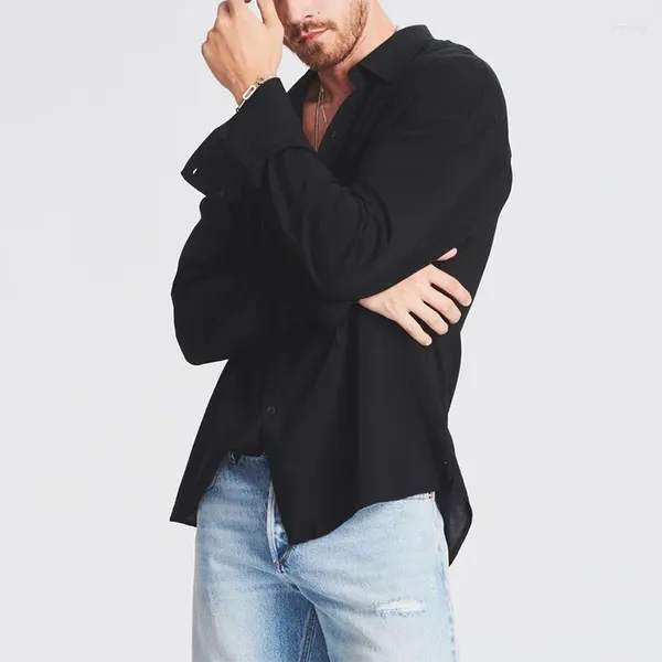 Camisas casuales para hombres Camisa suelta de manga larga para ropa para hombre Botón de color sólido Tops de solapa Hombres Moda de primavera Cárdigan negro