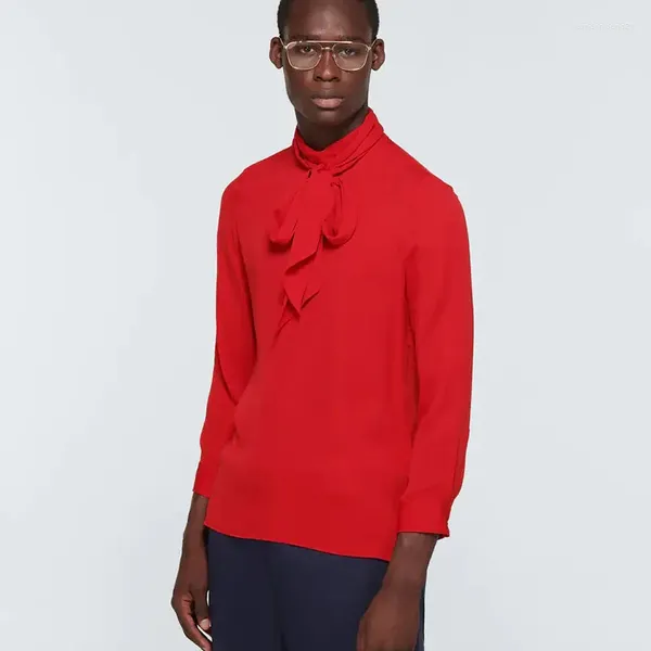 Chemises décontractées pour hommes Chemise ample à manches longues Printemps et été Tendance de la mode Grand col haut à lacets Bouton arrière rouge