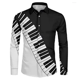 Casual overhemden voor heren, losse pianosleutelkunstoverhemd, 3D digitale print, revers, lange mouwen, mode