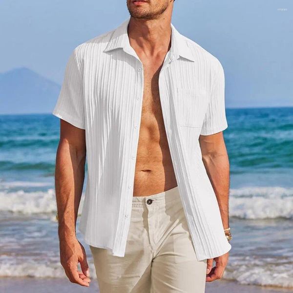 Chemises décontractées pour hommes Chemise ample été boutonnée avec poche poitrine design rayé léger respirant affaires pour formel