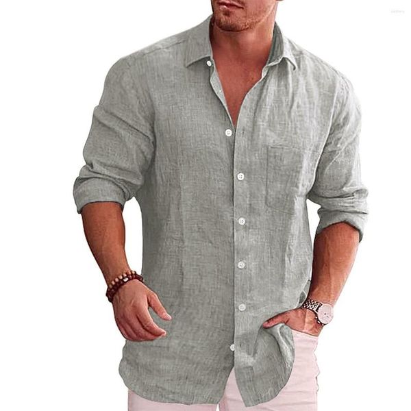 Camisas casuales para hombres Camisa sólida suelta Lino Polo Collar Manga larga Moda coreana Negocios sociales para hombres Blusa