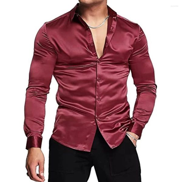 Chemises décontractées pour hommes Chemise de robe en satin de soie brillante de luxe à manches longues Slim Muscle Button-Down Plus Taille Bright Solid Prom