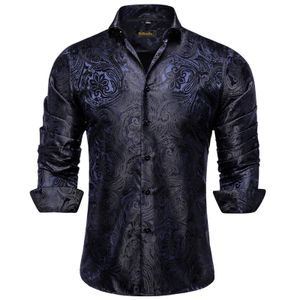 Chemises décontractées pour hommes Luxe Bleu Noir Paisley Chemises en soie pour hommes à manches longues fête de mariage robe de smoking chemise décontractée vêtements de créateur 231205