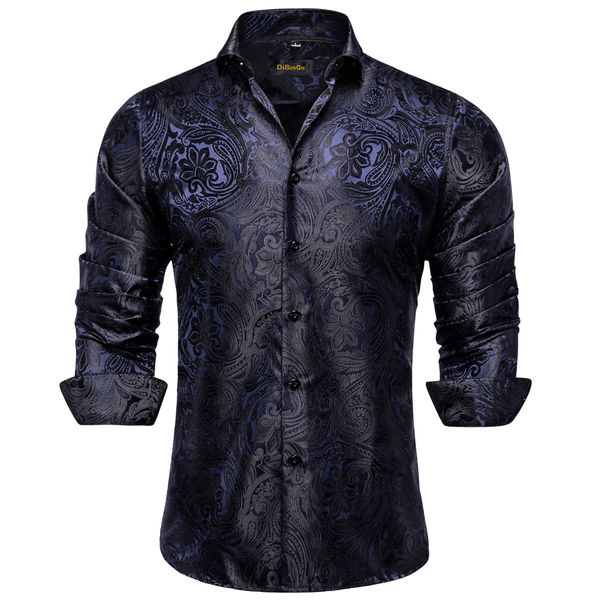 Chemises décontractées pour hommes luxe bleu noir Paisley soie pour hommes ensemble de cravate mouchoir boutons de manchette fête de mariage chemise de smoking à manches longues 230201