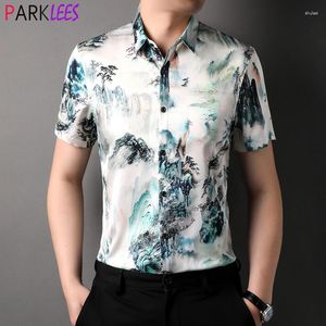 Chemises décontractées pour hommes luxe chinois paysage peinture impression soie Satin Chemise hommes 2023 été à manches courtes lisse hommes robe Chemise