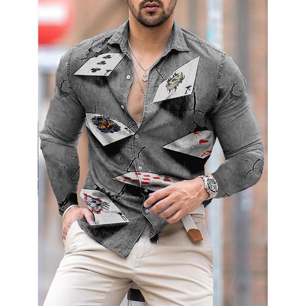 Camisas casuales para hombres Moda de lujo Hombres Camisa de gran tamaño Impresión de póker Tops de manga larga Ropa para hombres Fiesta Cardigan Blusas de alta calidad