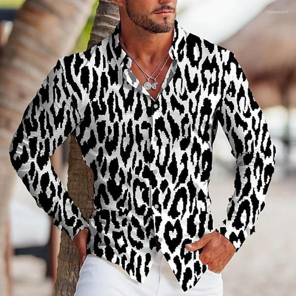 Camisas casuales para hombres Moda de lujo de gran tamaño para hombres Botón con estampado de leopardo Top de manga larga Ropa para hombres Hawaiana y blusas