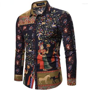 Camisas casuales para hombres Camisa de lino floral de lujo para hombres Mangas largas Diseño nacional Impreso para hombres Hawaiano Vintage Slim Fit