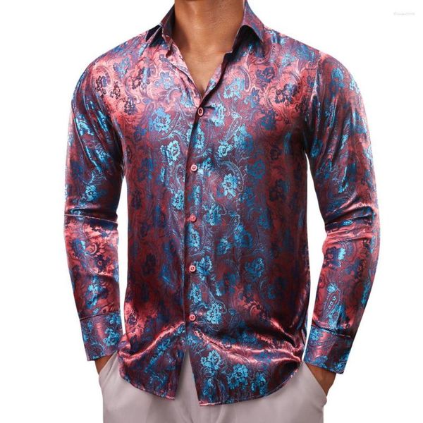 Chemises décontractées pour hommes Luxe pour hommes Brodé Soie Rouge Teal Floral Shine Manches longues Slim Fit Blouses masculines Tops Vêtements respirants