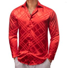 Chemises décontractées pour hommes Luxe pour hommes Satin de soie Rouge Plaid à manches longues Slim Fit Blouses masculines Col Col Tops Vêtements respirants