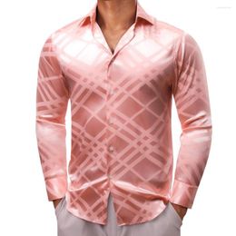 Chemises décontractées pour hommes Luxe pour hommes Satin de soie Rose Plaid à manches longues Slim Fit Blouses masculines Col Col Tops Vêtements respirants