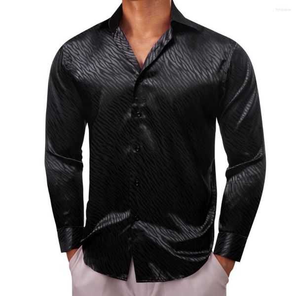 Chemises décontractées pour hommes Luxe pour hommes Soie Satin Noir Rayures À Manches Longues Slim Fit Blouses Mâles Col Col Hauts Vêtements Respirants