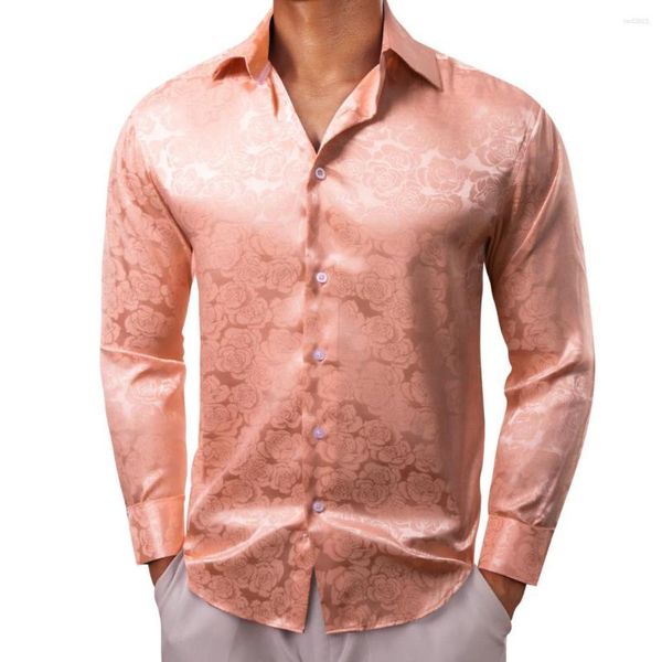 Chemises décontractées pour hommes Luxe pour hommes Soie Satin Corail Rose Fleur À Manches Longues Slim Fit Blouses Mâles Col Col Hauts Vêtements Respirants