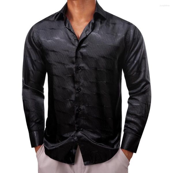 Chemises décontractées pour hommes Luxe pour hommes Satin de soie Noir Manches longues Slim Fit Blouses masculines Col Down Tops Vêtements respirants