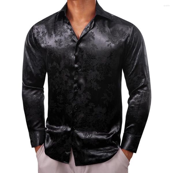 Chemises décontractées pour hommes Luxe pour hommes Soie Satin Noir Fleur À Manches Longues Slim Fit Blouses Mâles Col Col Hauts Vêtements Respirants