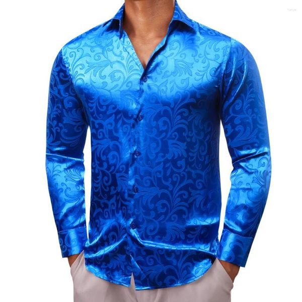 Chemises décontractées pour hommes Luxurage pour hommes Silk Satin Bleu Fleur à manches longues Slim Fit Male Blouses Trun Down Tops Vêtements respirants