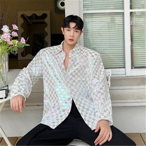 Camisas informales para hombre, camisa de manga larga de lujo para hombre, blusa con personalidad de lentejuelas bordadas a cuadros originales, ropa de escenario de estilo coreano holgada