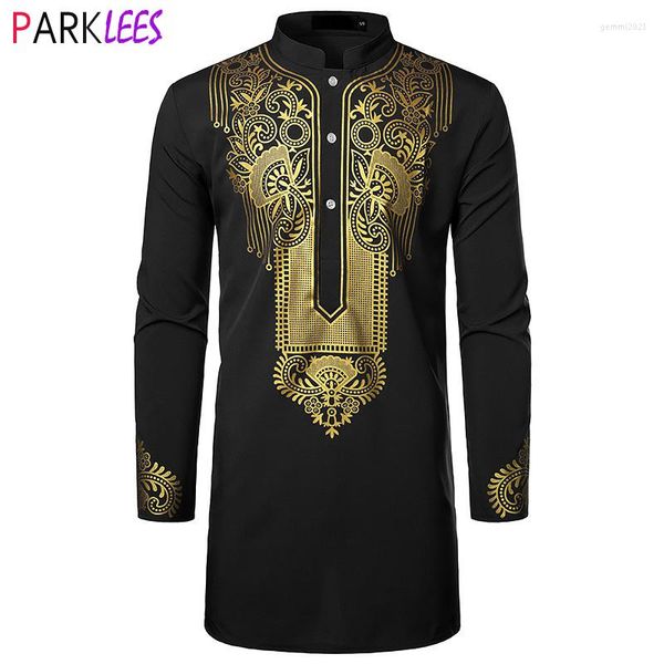 Camisas casuales de los hombres Estampado de oro metálico de lujo Ropa de hombre africano Agbada Kaftan Atuendo Camisa de boda Hombres Nehru Collar Tradicional Dashiki