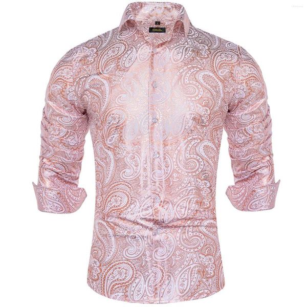 Camisas casuales para hombres de lujo rosa dorado paisley para hombres de manga larga social fiesta de fiesta ropa botón abajo cuello camisa de vestir formal