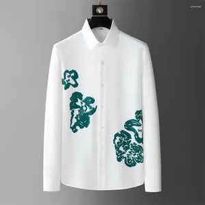 Camisas casuales para hombres Rhinestone de lujo con flores Hombres de alta calidad Vestido de negocios de manga larga Fiesta social Ropa de calle