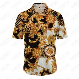Camisas casuales para hombres Camisa rica de lujo Fashion Cadena de oro en 3D Manga corta Top Botón Cardigan de fiesta de colas coloridas