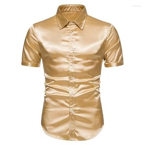 Mannen Casual Shirts Luxe Glanzend Zijde Satijn Shirt Mannen 2023 Merk Slim Fit Korte Mouw Button Up Jurk Dance party Chemise Homme