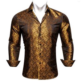 Camicie casual da uomo Seta di lusso per uomo Giallo oro Paisley Floreale ricamato primavera Autuman Top Camicette maschili slim fit regolari 644