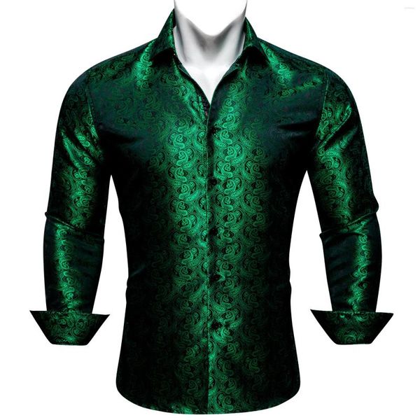 Camisas informales para hombre, seda de lujo para hombre, blusas de manga larga bordadas de Cachemira verde con un solo pecho, blusas formales ajustadas regulares 622