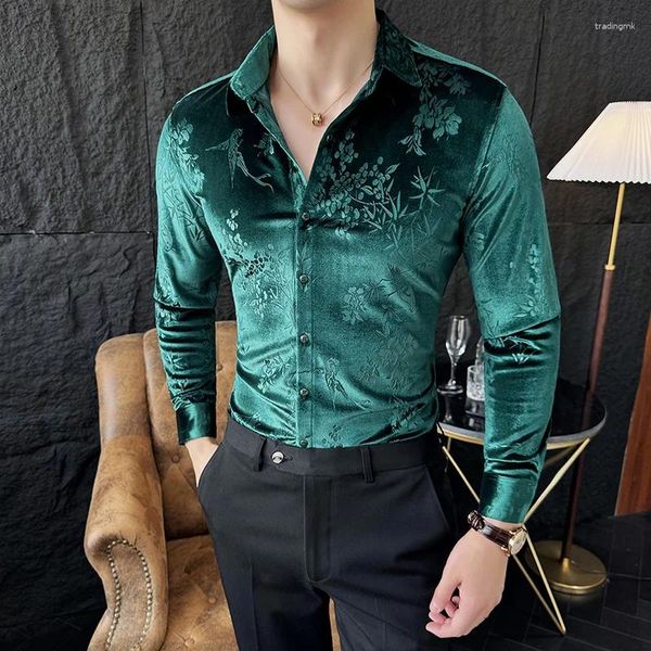 Chemises décontractées pour hommes Luxury Velvet Shirt Men 2024 Spring Slim Dress Social PartyTuxedo Blouse Camisas para Hombre Vêtements