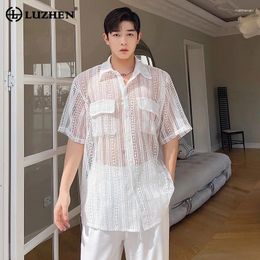 Casual shirts voor heren Luzhen Summer Solid Color Elegant shirt met korte mouwen Ademend ontwerp Hollowed Koreaanse mode 2024 Kleding LZ2283