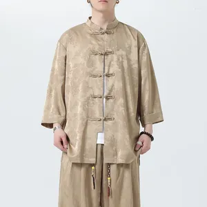 Casual shirts voor heren M-5xl Men Herfst Chinese stijl Shirt Top Mandarijn Kraag 3/4 Mouw Traditionele Tai Chi Tang Tops Uniform