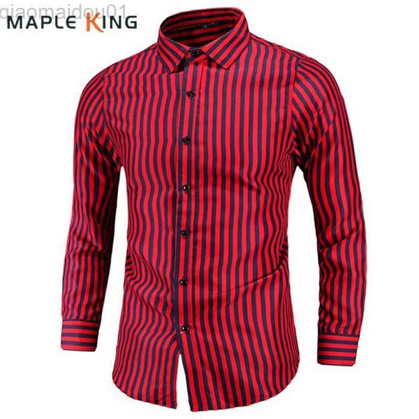 Chemises décontractées pour hommes M-7XL à manches longues rouge noir chemises à rayures pour hommes classique Slim Fit bureau robe sociale chemise hommes affaires Vintage Chemise hauts L230721