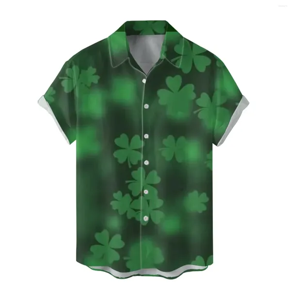 Chemises décontractées pour hommes chemises imprimées de trèfle irlandais mâle Green Gredient à manches courtes revers St. Patricks's Summer Aloha Beachwear Festival