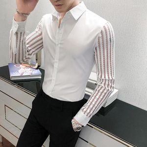 Chemises décontractées pour hommes Chemise masculine Nightclub Party Boutons vers le bas Mince Chemise Homme Sexy Mesh Hommes Printemps Été Voir à travers des manches longues