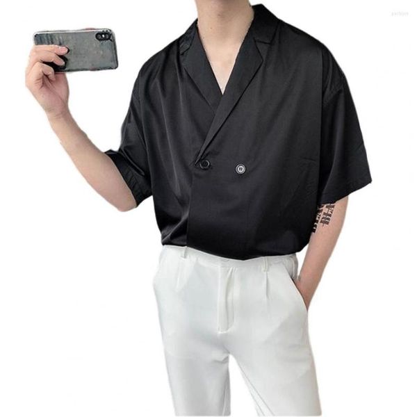 Chemises décontractées pour hommes Chemise homme Couleur unie Drapée Style coréen Double boutonnage Col boutonné Manches courtes Formelles Affaires Léger
