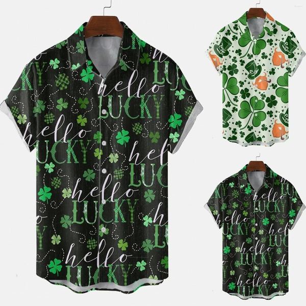 Chemises décontractées pour hommes Mâle St Patrick's Day Fashion Irish Clover Lettre Imprimer Revers à manches courtes Blouse Hawaiian Festival Camisas