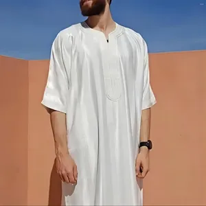Chemises décontractées pour hommes Homme rayé imprimé robe col en V manches moyennes ourlet fendu chemisier solide élégant mode arabe musulman