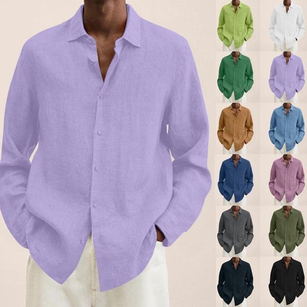 Camisas informales para hombre, camisa holgada sólida de lino y algodón de verano para hombre, camiseta para hombre, mono verde lima de manga larga para hombre