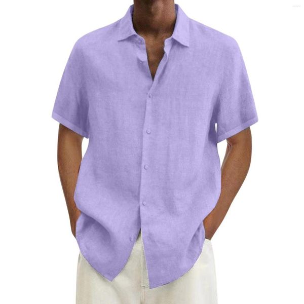 Hommes chemises décontractées homme été Hawaii solide chemise ample manches courtes Double poche col rabattu bouton coton mélangé