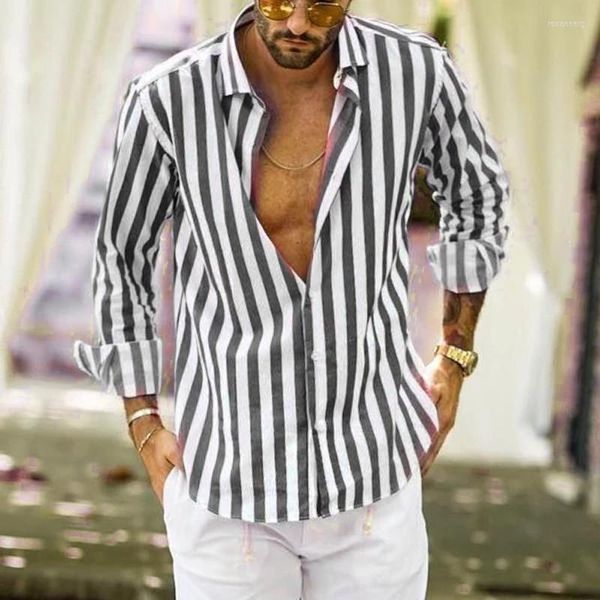 Camisas informales para hombre, blusa holgada con estampado de rayas en blanco y negro para hombre, blusas de verano para hombre, cuello vuelto, botón de manga larga de gran tamaño