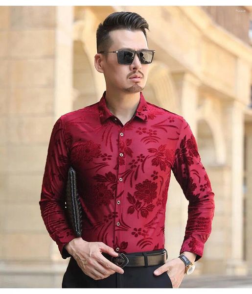 Camisas casuales para hombres Hombre Flores huecas Terciopelo Sexy Primavera Hombres Manga larga Floral Fiesta Club Vestido Camisa