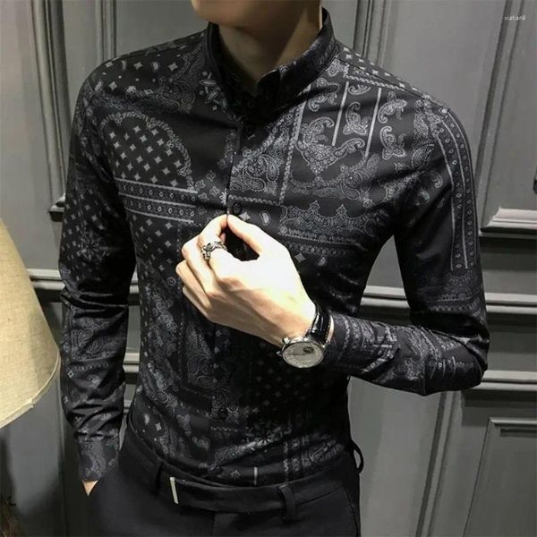 Chemises de chemises décontractées pour hommes avec imprimé imprimé pour hommes dot noir floral en collier de coton social