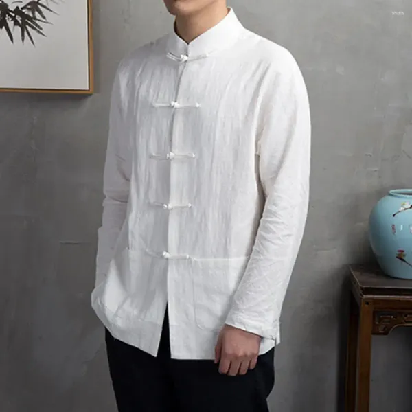 Chemises décontractées pour hommes Chemise à bouton à disque à col mandarin Style chinois traditionnel avec poches à manches longues