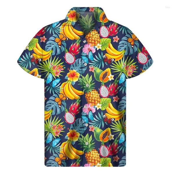 Chemises décontractées pour hommes Mango Banana Ananas Chemise graphique Hommes 3D Imprimer Fruit Hawaiian Summer Beach Bouton à manches courtes Revers Aloha Blouse