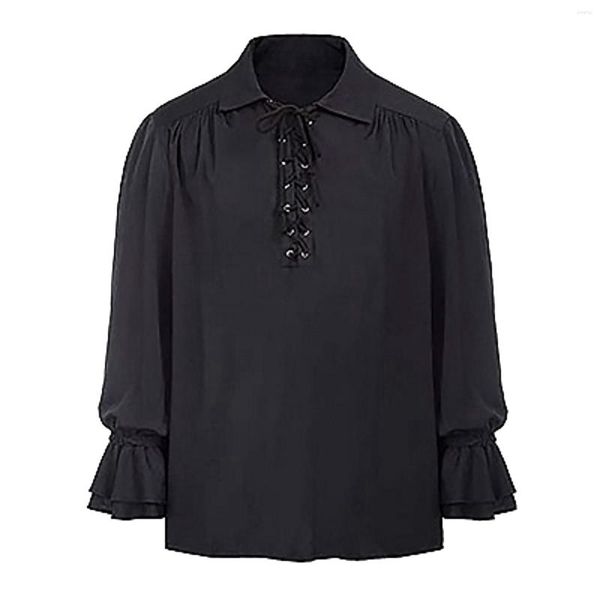 Camisas informales para hombre, camisa medieval de manga larga con volantes renacentistas para hombre, camisa vikinga de pirata Steampunk con cordones, disfraz de escenario para blusa