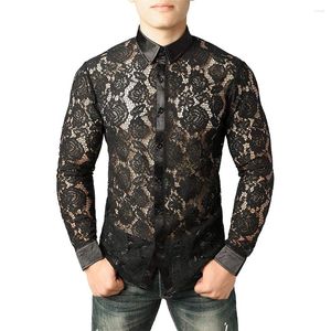 Chemises décontractées pour hommes Renaissance médiévale Sexy Hommes Chemise à travers la dentelle à manches longues Vêtements Cravate Noir Floral Cosplay Fashion Tops