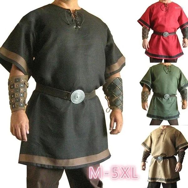 Camisas casuales para hombres Medieval Viking Red Color Renacle Tunic Disfraz para la recreación de la armadura Larp sin cinturón ni muñeca Guardia